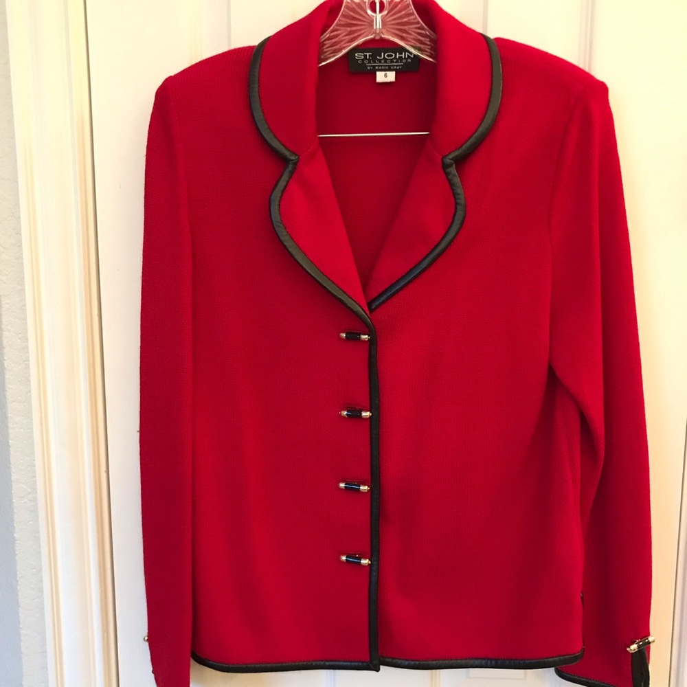 St. John Collection red jacket black trim; size 6